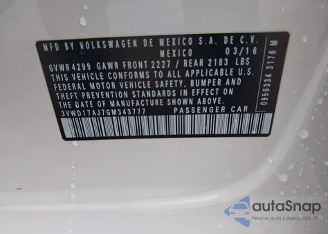 2016 Volkswagen Jetta 1.8T Sport из США, поврежденный, VIN 3VWD17AJ7GM343777